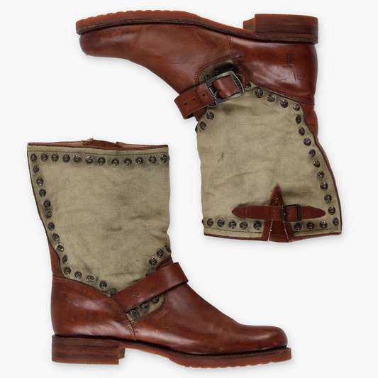FRYE Brown Leather & Beige Canvas Studded Buckle Boots (8.5)