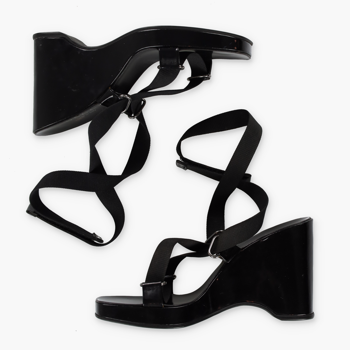 GUCCI Patent Leather Italian Made Black Adjustable Nylon Strap Wedges (8)