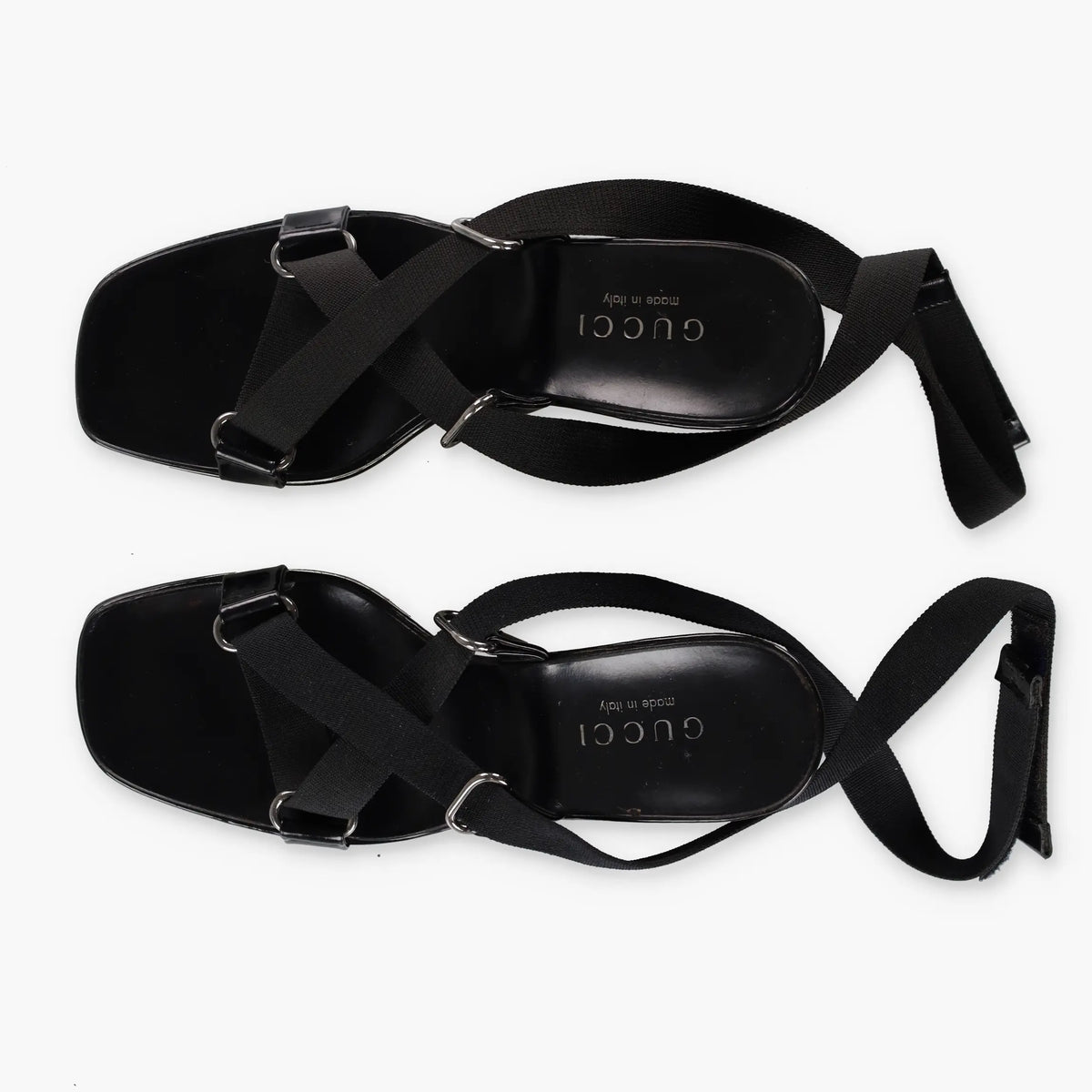 GUCCI Patent Leather Italian Made Black Adjustable Nylon Strap Wedges (8) Vintage Sole Melbourne