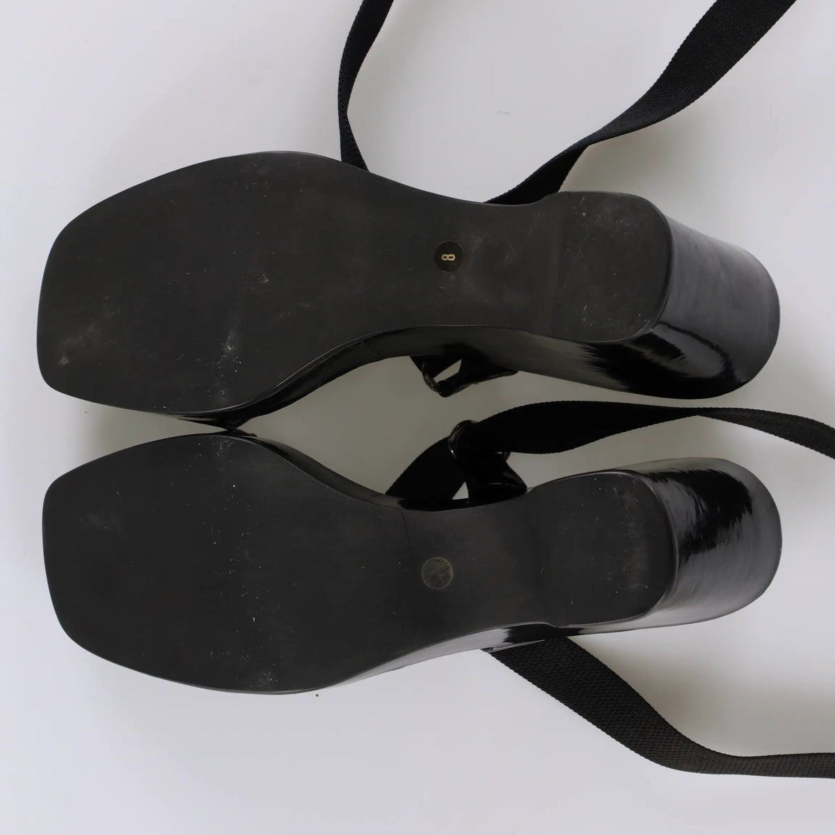 GUCCI Patent Leather Italian Made Black Adjustable Nylon Strap Wedges (8) Vintage Sole Melbourne