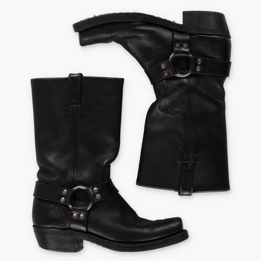 FRYE Black & Silver Harness Leather Motorcycle Boots (9.5)