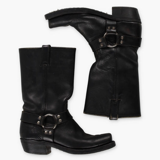 FRYE Black & Silver Harness Leather Motorcycle Boots (9.5) Vintage Sole Melbourne