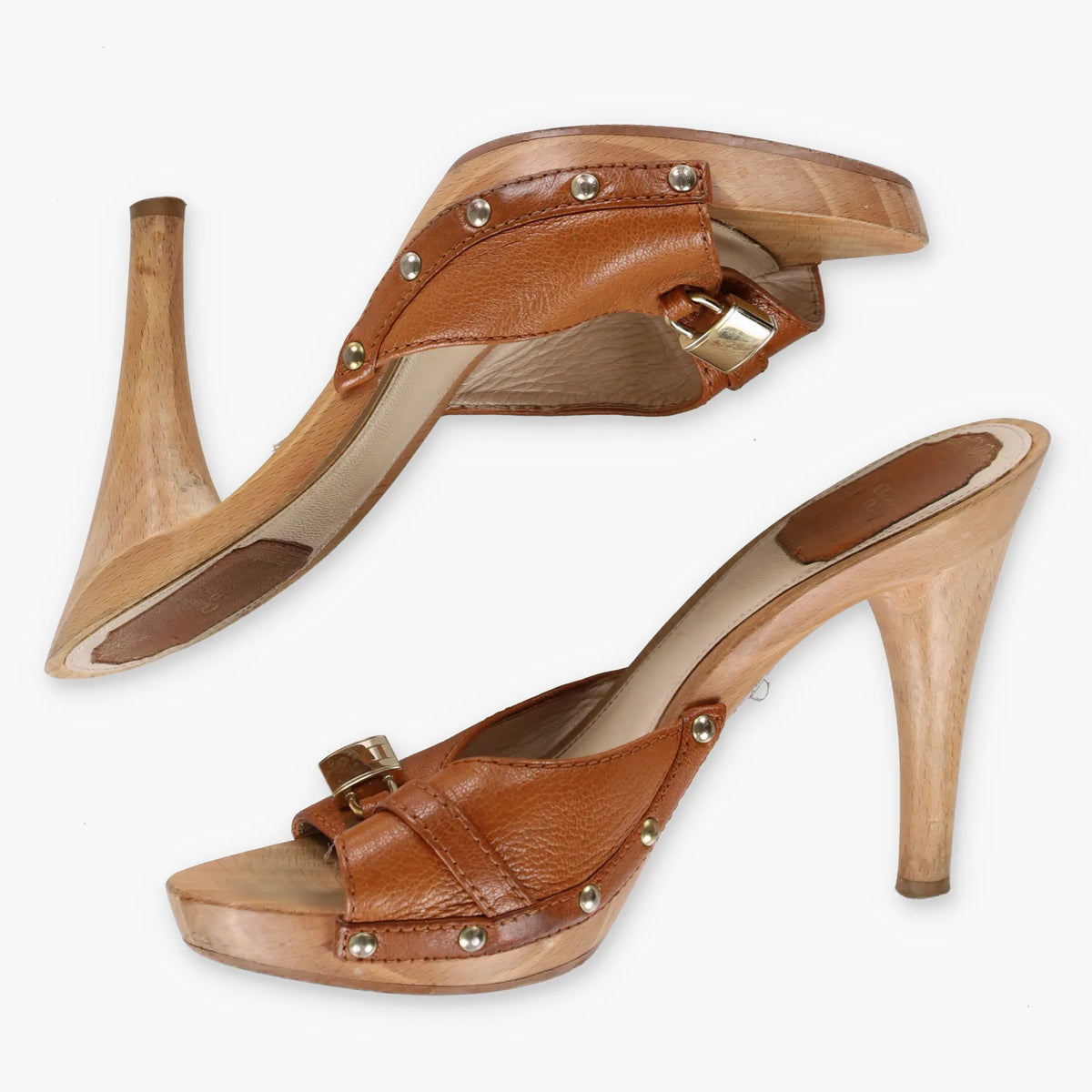 DIOR Gold Locket Studded Wooden Clog Tan Heels (37) - Vintage Sole Melbourne
