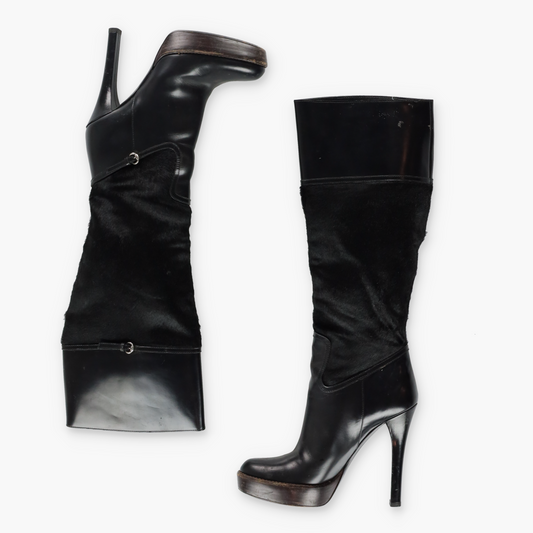 GUCCI Pony Hair Leather Italy Made Platform Heel Boots (7B)