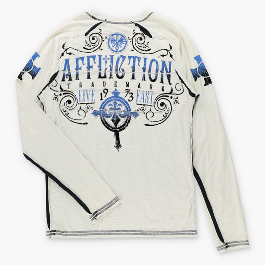 Vintage AFFLICTION Fleur De Lis & Eagle Cross Y2K Velvet Detail Off White Long Sleeve Tee USA Made (M-L TALL) Vintage Sole Melbourne