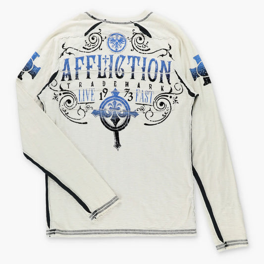 Vintage AFFLICTION Fleur De Lis & Eagle Cross Y2K Velvet Detail Off White Long Sleeve Tee USA Made (M-L) Vintage Sole Melbourne