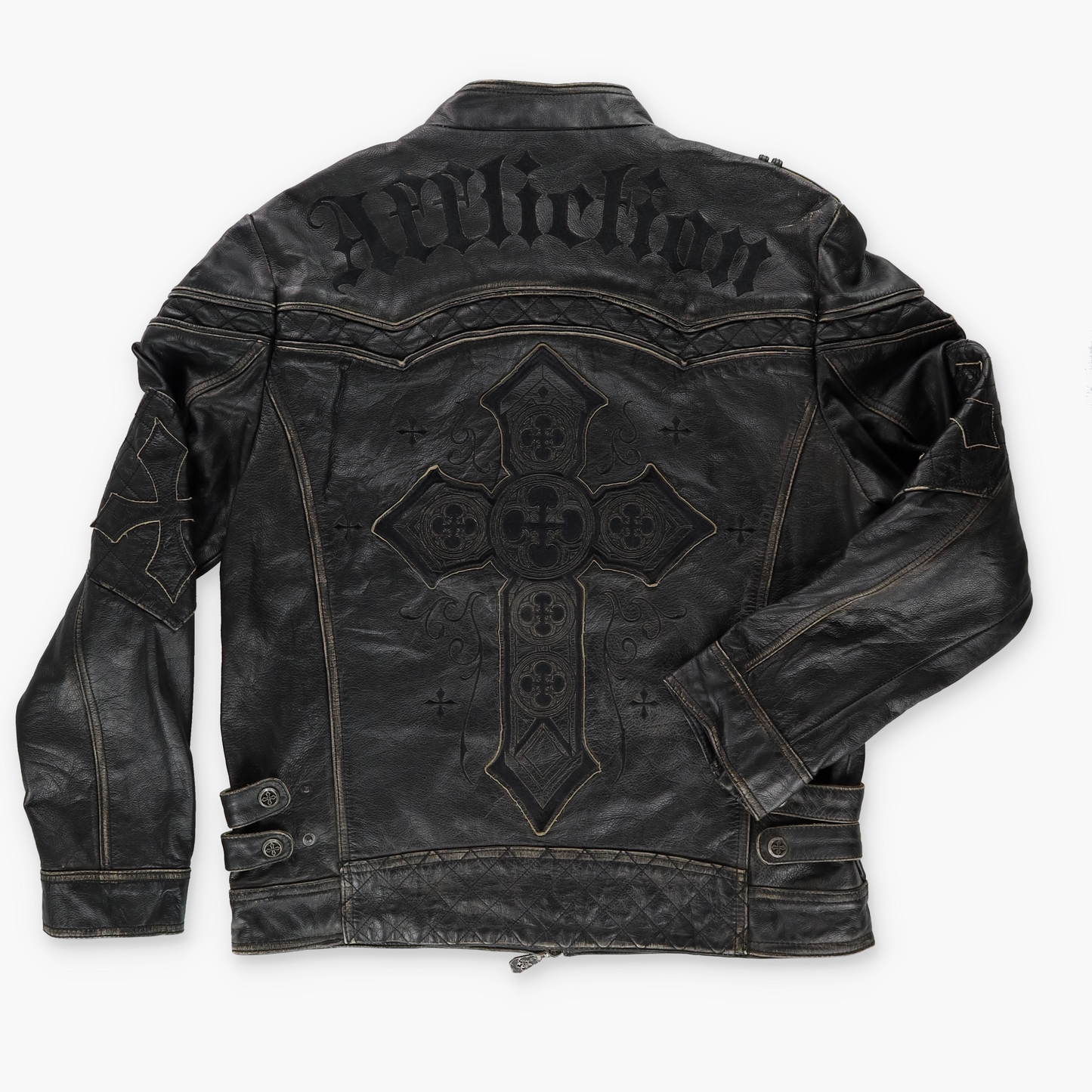 AFFLICTION Y2K Hand Numbered Cross Buckle Leather Motorcycle Jacket (XL)