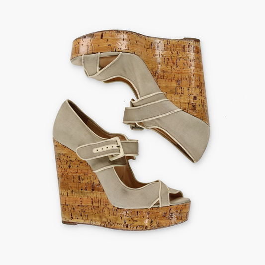 CHRISTIAN LOUBOUTIN Ecru Canvas Melides Peep Toe Wedge Sandals (41)