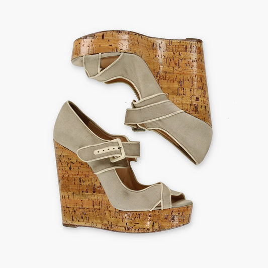 CHRISTIAN LOUBOUTIN Ecru Canvas Melides Peep Toe Wedge Sandals (41) Vintage Sole Melbourne