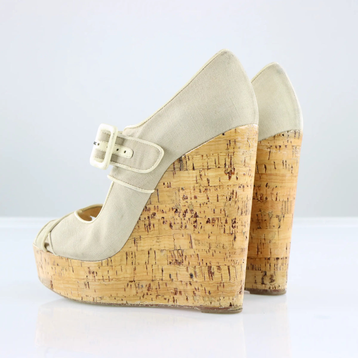 CHRISTIAN LOUBOUTIN Ecru Canvas Melides Peep Toe Wedge Sandals (41) Vintage Sole Melbourne