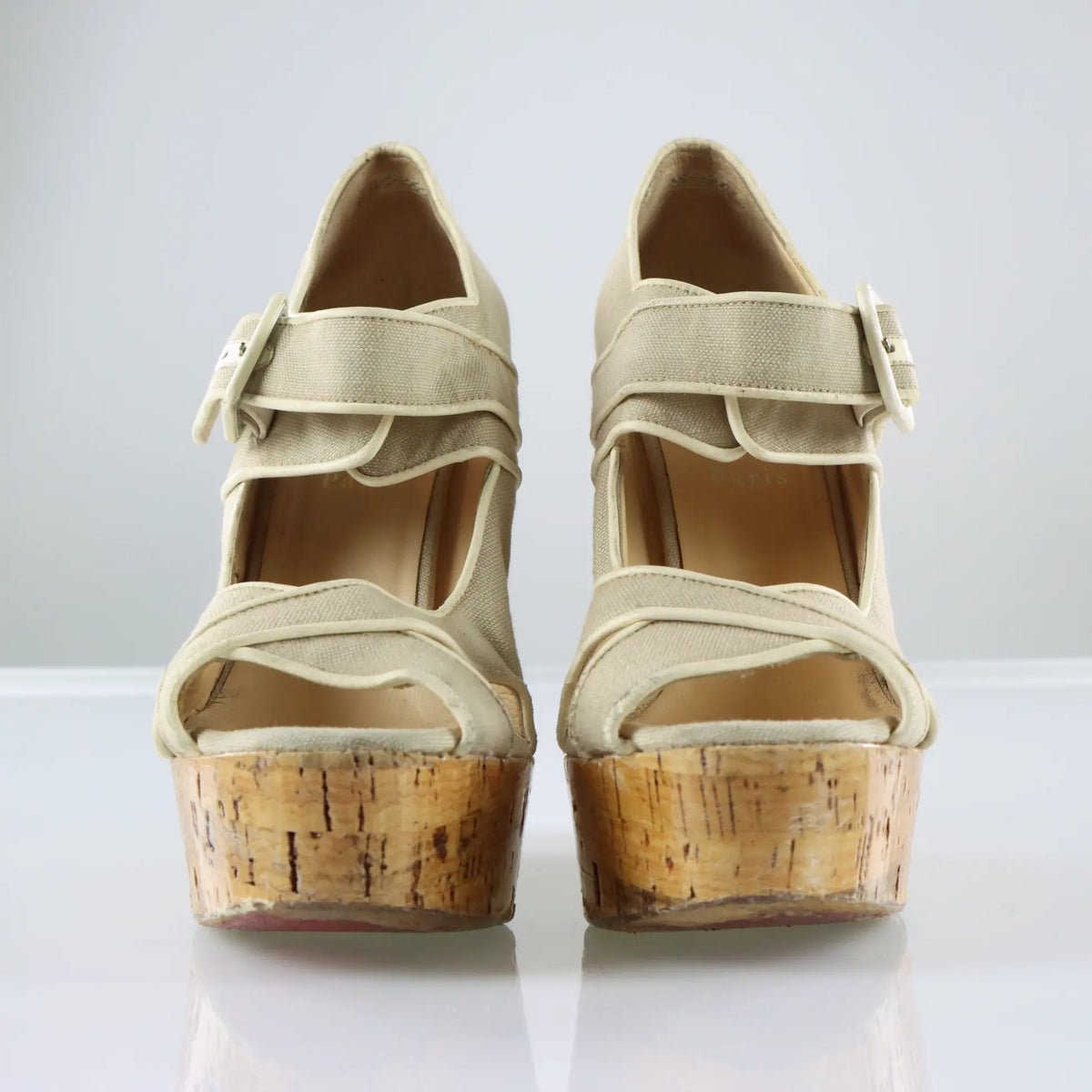 CHRISTIAN LOUBOUTIN Ecru Canvas Melides Peep Toe Wedge Sandals (41) Vintage Sole Melbourne