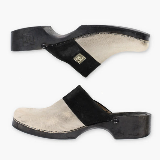 CHANEL 'Sabot' Spanish Made Black & Beige Suede Slip on Clog Mules (38) - Vintage Sole Melbourne