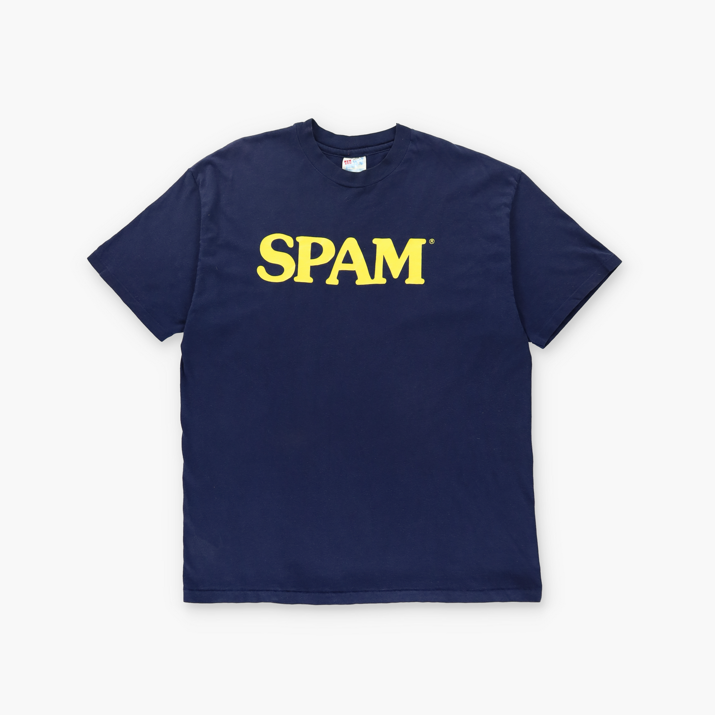 "Spam" Single-Stitch Navy & Yellow HANES Tee USA Made (XL)