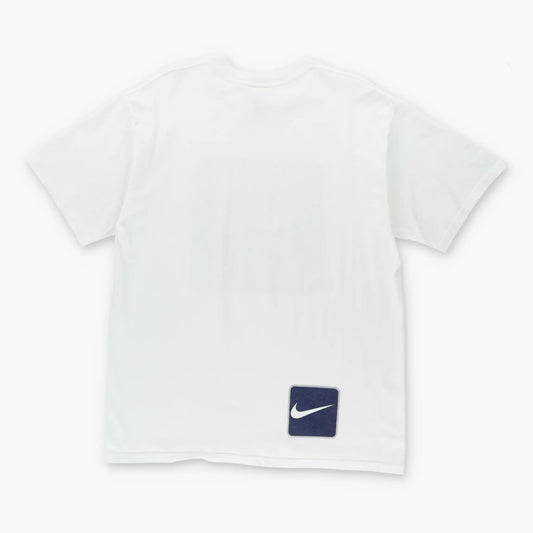 Vintage NIKE Y2K Centre Swoosh Square Logo Glitter Print Colour Block White T-Shirt (L)