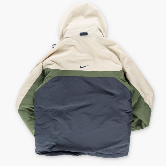 NIKE Embroidered Swoosh Logo 3-Tone Zip Up Hooded Puffer Jacket (L)
