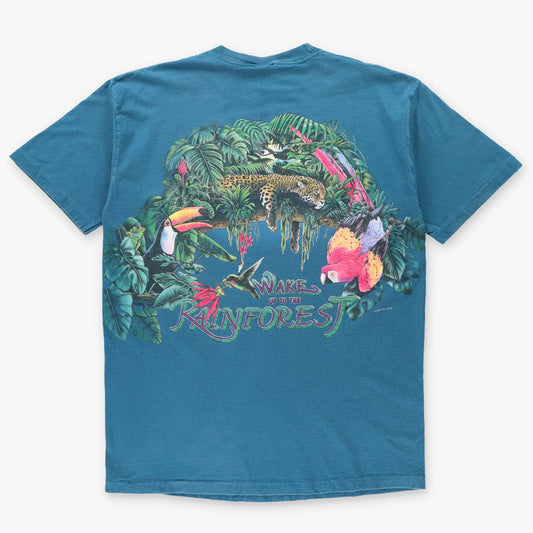 HABITAT Double Sided "Wake Up To The Rainforest" Teal Single Stitch T-Shirt (L) - Vintage Sole Melbourne