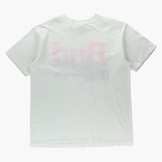 Vintage 1991 Neon "Bud To The Bone" Puff Print & Guitar White Single Stitch Tee USA Made (L-XL) - Vintage Sole Melbourne