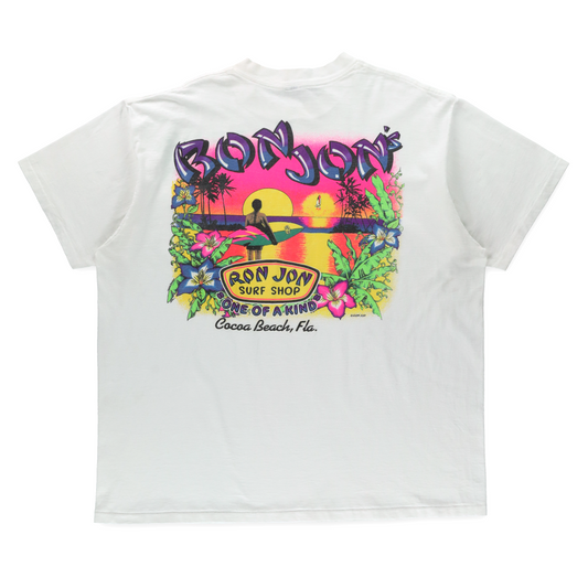Ron Jon Surf Shop "One Of A Kind" Front Pocket Double Sided Neon Cocoa Beach White Tee USA Made (XL-XXL)