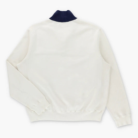 POLO RALPH LAUREN Embroidered Spell Out Logo Cream & Navy Knit 1/4 Zip Pullover Jumper (L-XL)