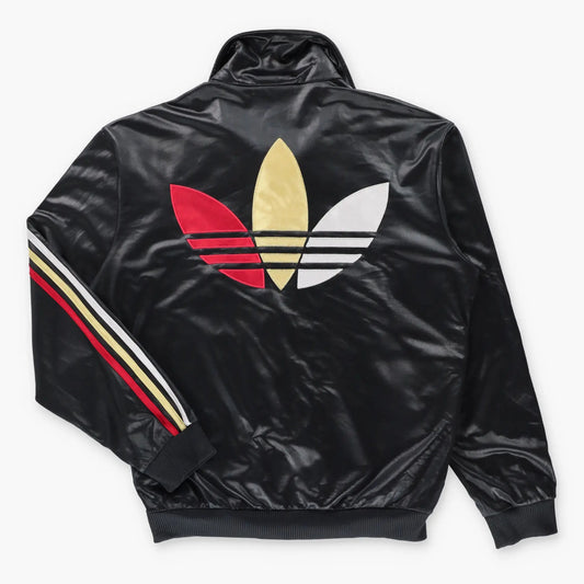 ADIDAS 'Chile 62' Red & Gold Embroidered Shimmer Trefoil Logo Wet-Look Black Track Jacket (L) Vintage Sole Melbourne