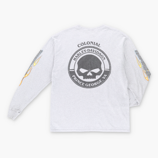 Vintage HARLEY DAVIDSON Flame Skull Grey Long Sleeve T-Shirt (L) Vintage Sole Melbourne
