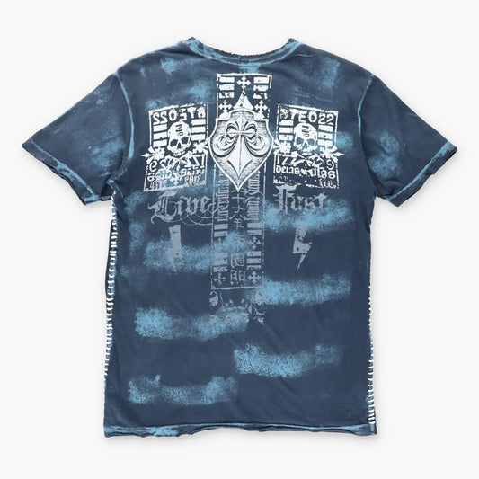 Vintage AFFLICTION Y2K Whipstitch Grunge Skull USA Made Blue T-Shirt (M)