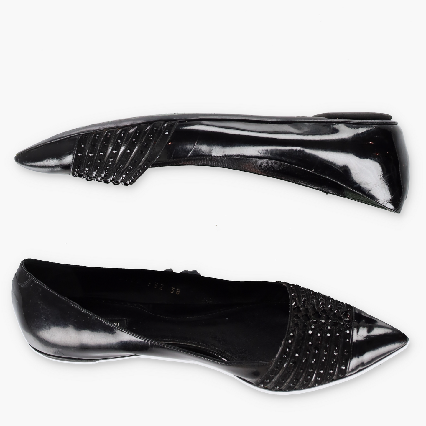 GIORGIO ARMARNI Patent Embellished Italy Made Black Flats (38)