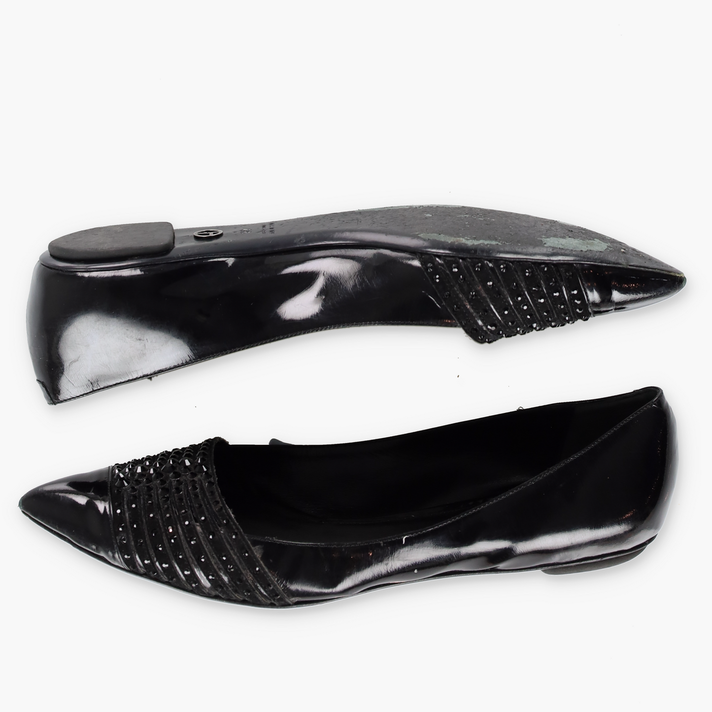 GIORGIO ARMARNI Patent Embellished Italy Made Black Flats (38)