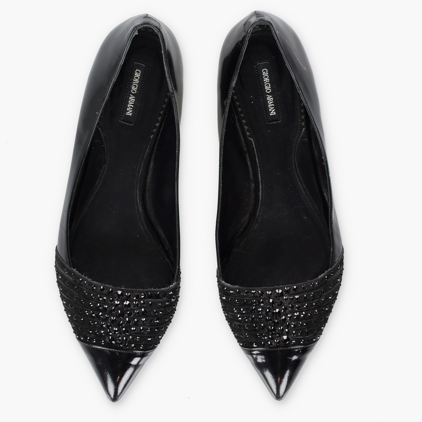 GIORGIO ARMARNI Patent Embellished Italy Made Black Flats (38)