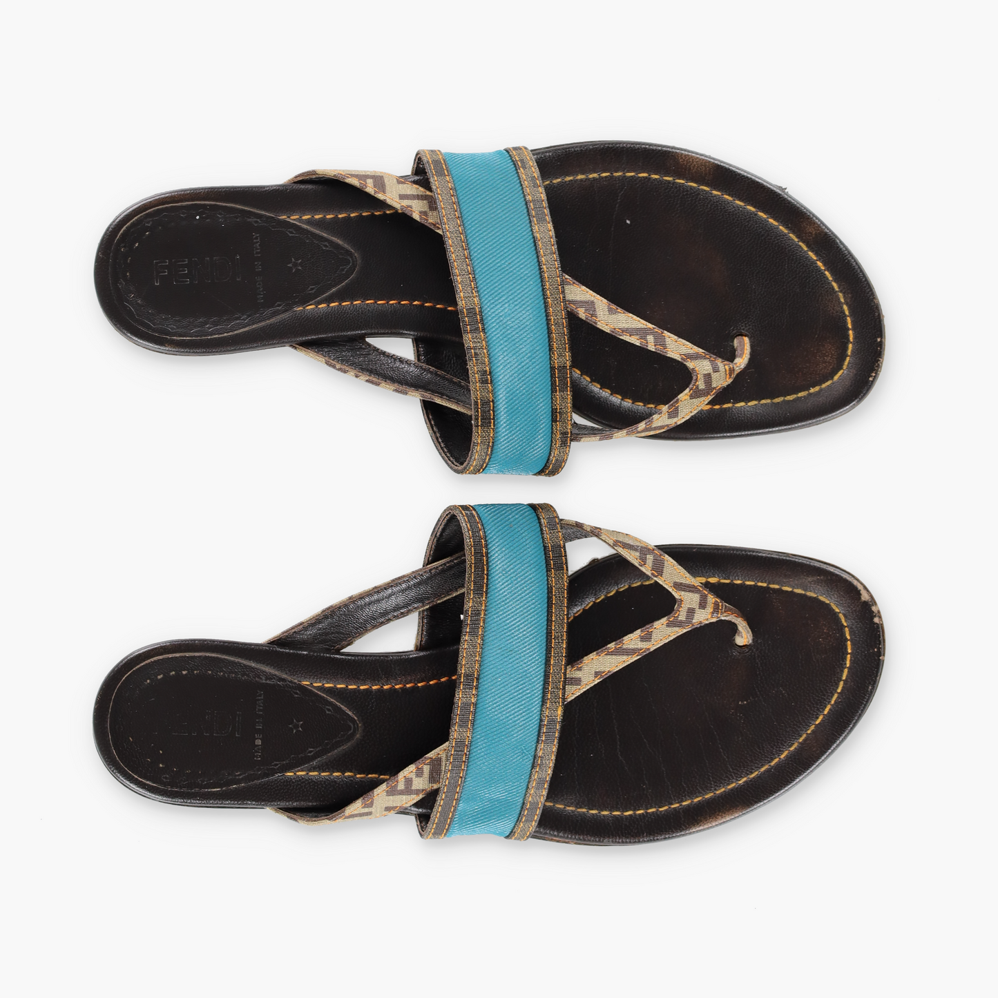 FENDI Italian Made Turquoise & Brown Flat Leather Sandals (39.5)
