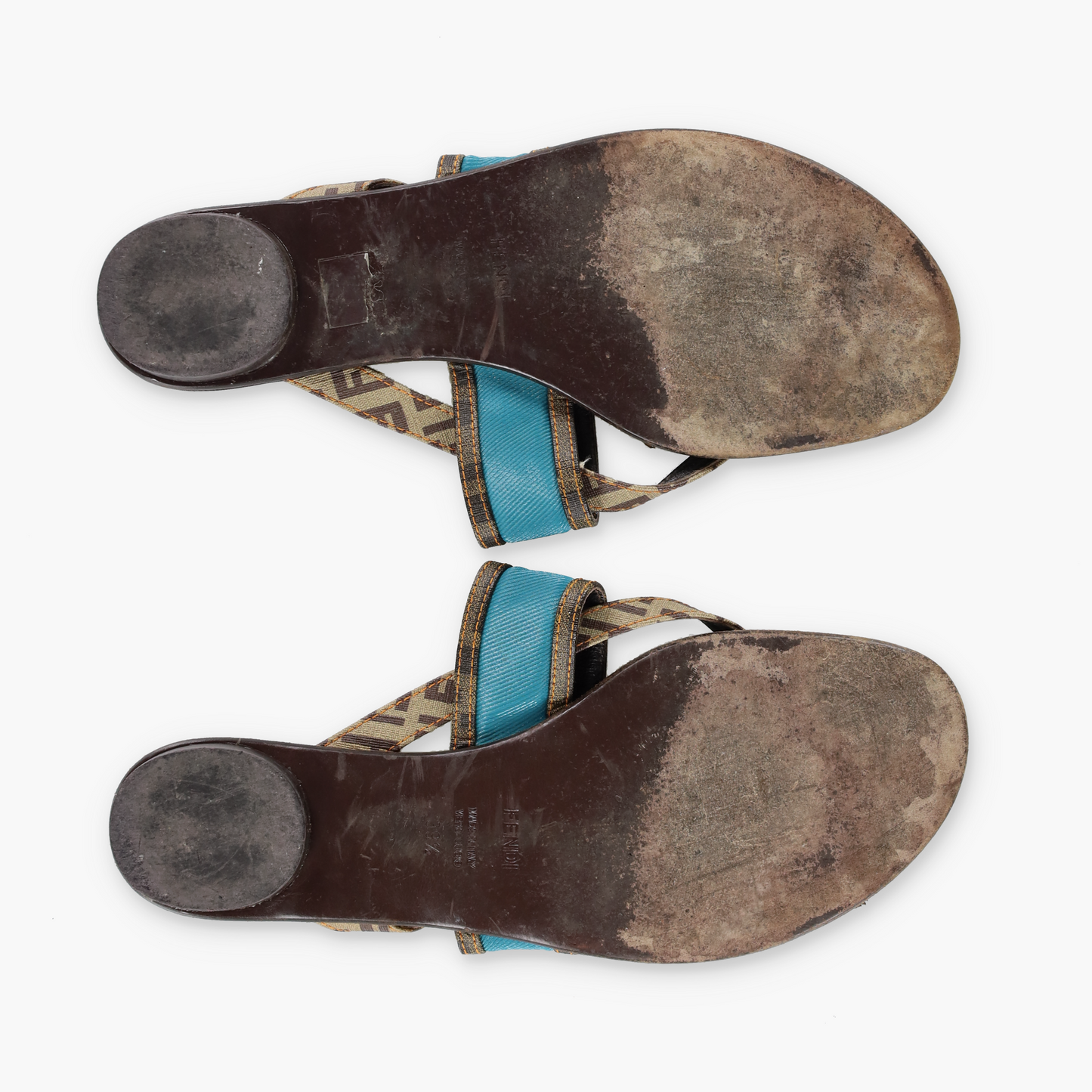 FENDI Italian Made Turquoise & Brown Flat Leather Sandals (39.5)