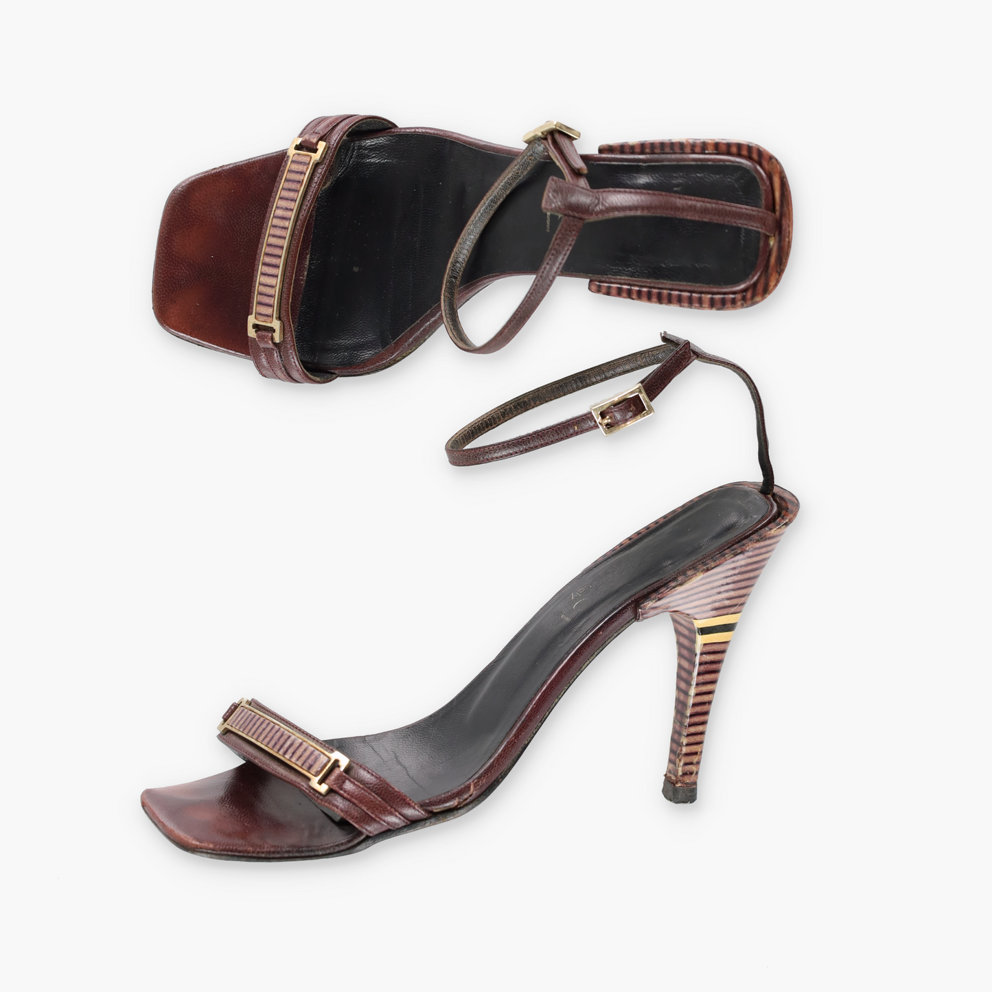 GUCCI Italian Made Strappy Brown Striped Sandal Heels (6.5)