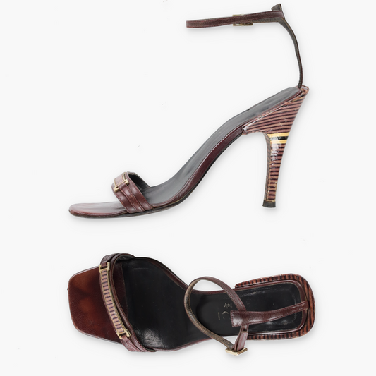 GUCCI Italian Made Strappy Brown Striped Sandal Heels (6.5)