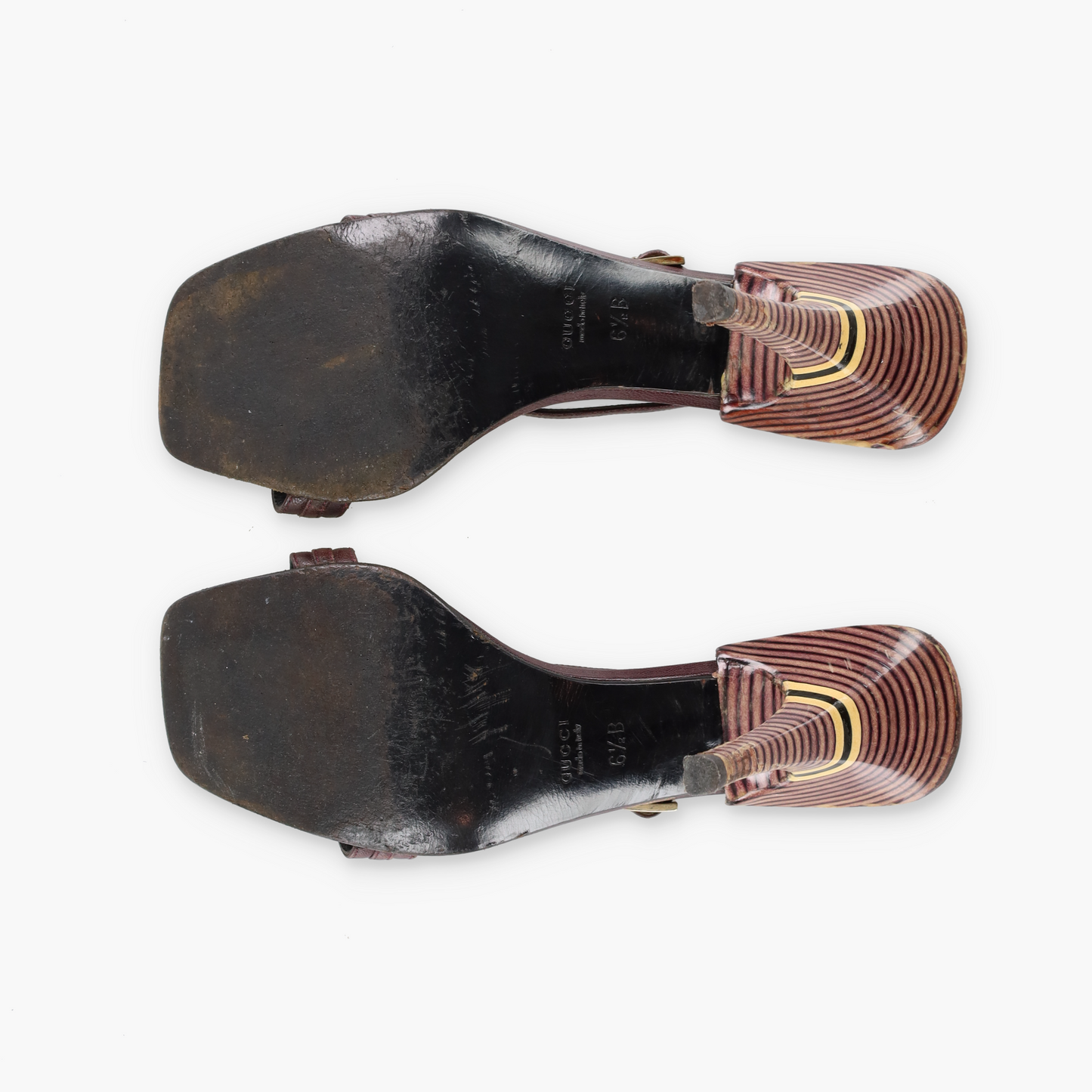 GUCCI Italian Made Strappy Brown Striped Sandal Heels (6.5)