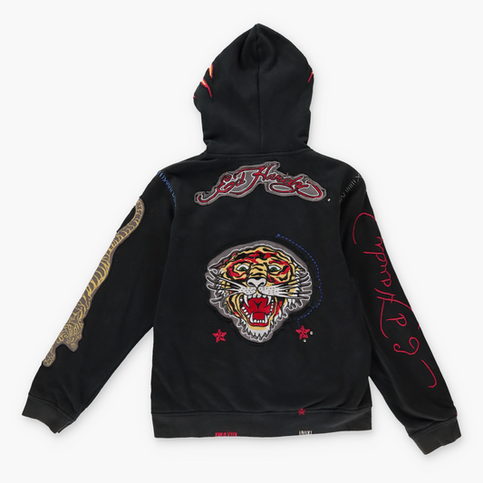 ED HARDY Christian Audigier Y2K Embroidered Tiger Stitch Zip Up Hooded Sweatshirt (XS)