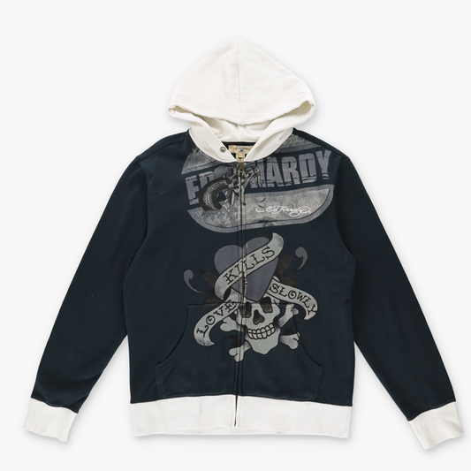 ED HARDY Y2K Punk 'Love Kills Slowly' Embellished Tiger Zip Up Hooded Sweatshirt (M-L)