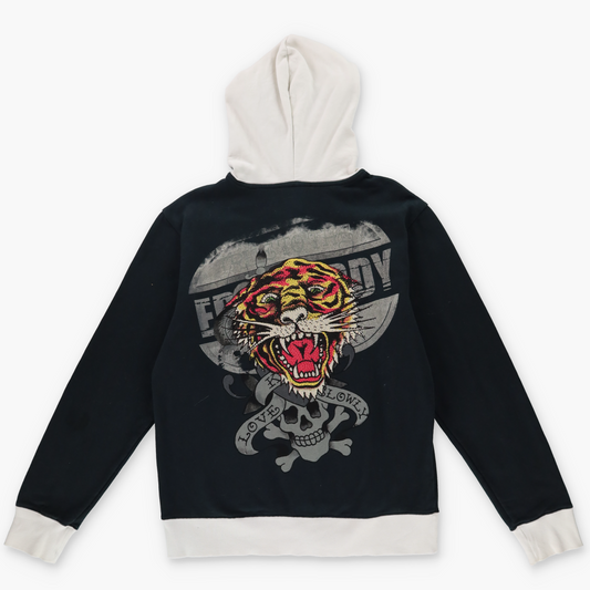 ED HARDY Y2K Punk 'Love Kills Slowly' Embellished Tiger Zip Up Hooded Sweatshirt (M-L)
