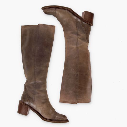 CHLOE 'ITALY Made' Leather Knee High Mid Heel Brown Detailed Leather Boot (36.5)