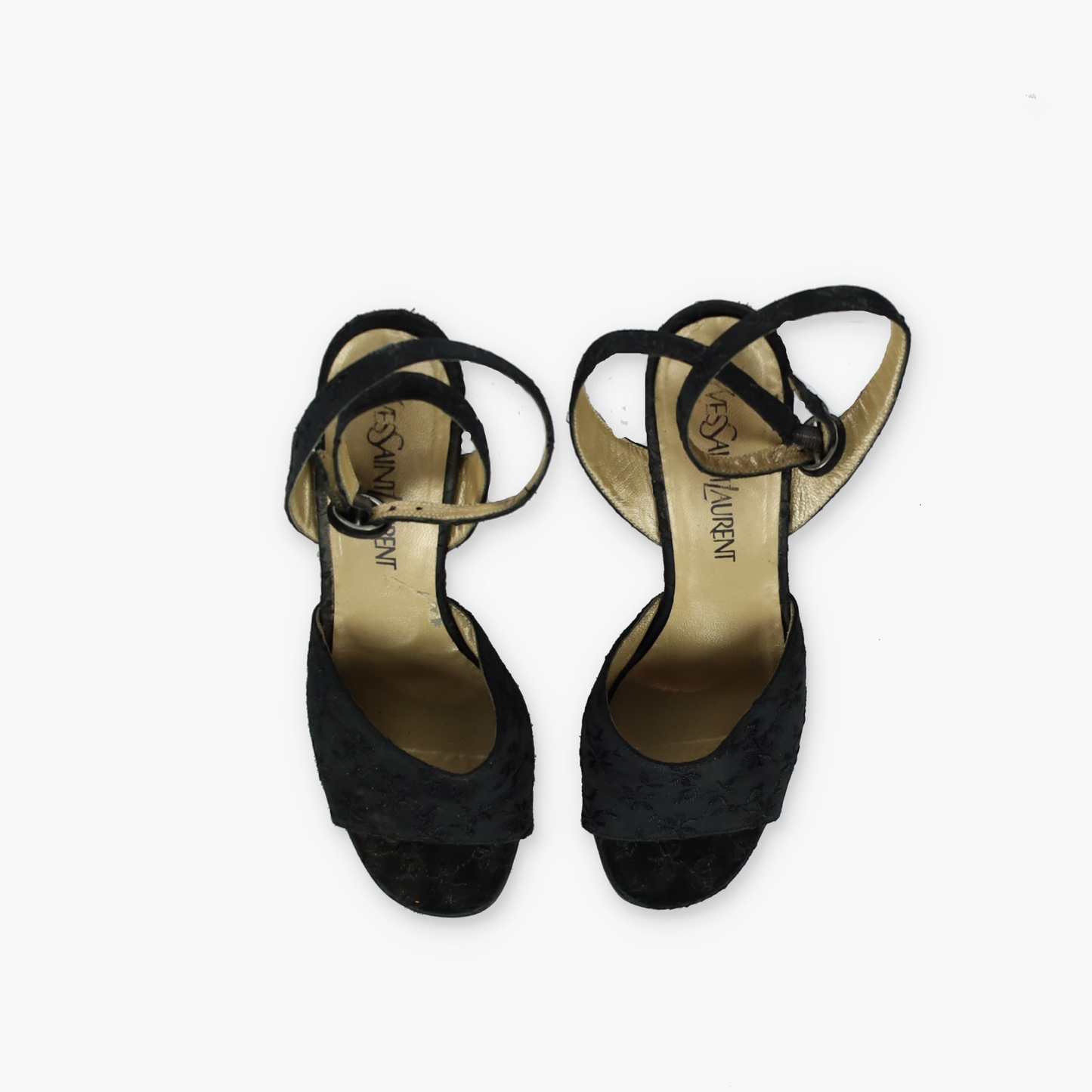 YVES SAINT LAURENT YSL Embroidered Open Toe Strappy Black Wedges Heels (6.5)