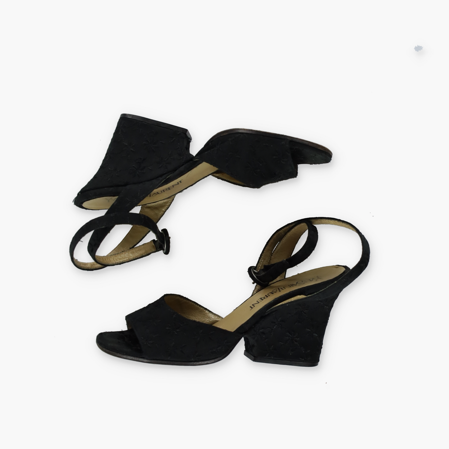 YVES SAINT LAURENT YSL Embroidered Open Toe Strappy Black Wedges Heels (6.5)