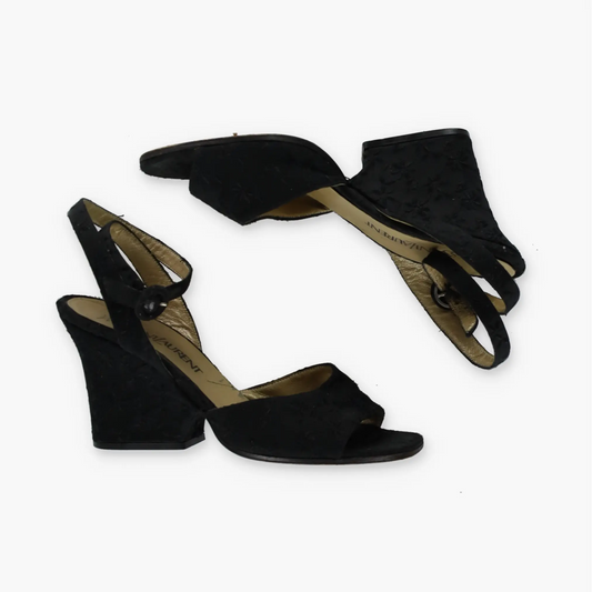 YVES SAINT LAURENT YSL Embroidered Open Toe Strappy Black Wedges Heels (6.5) Vintage Sole Melbourne