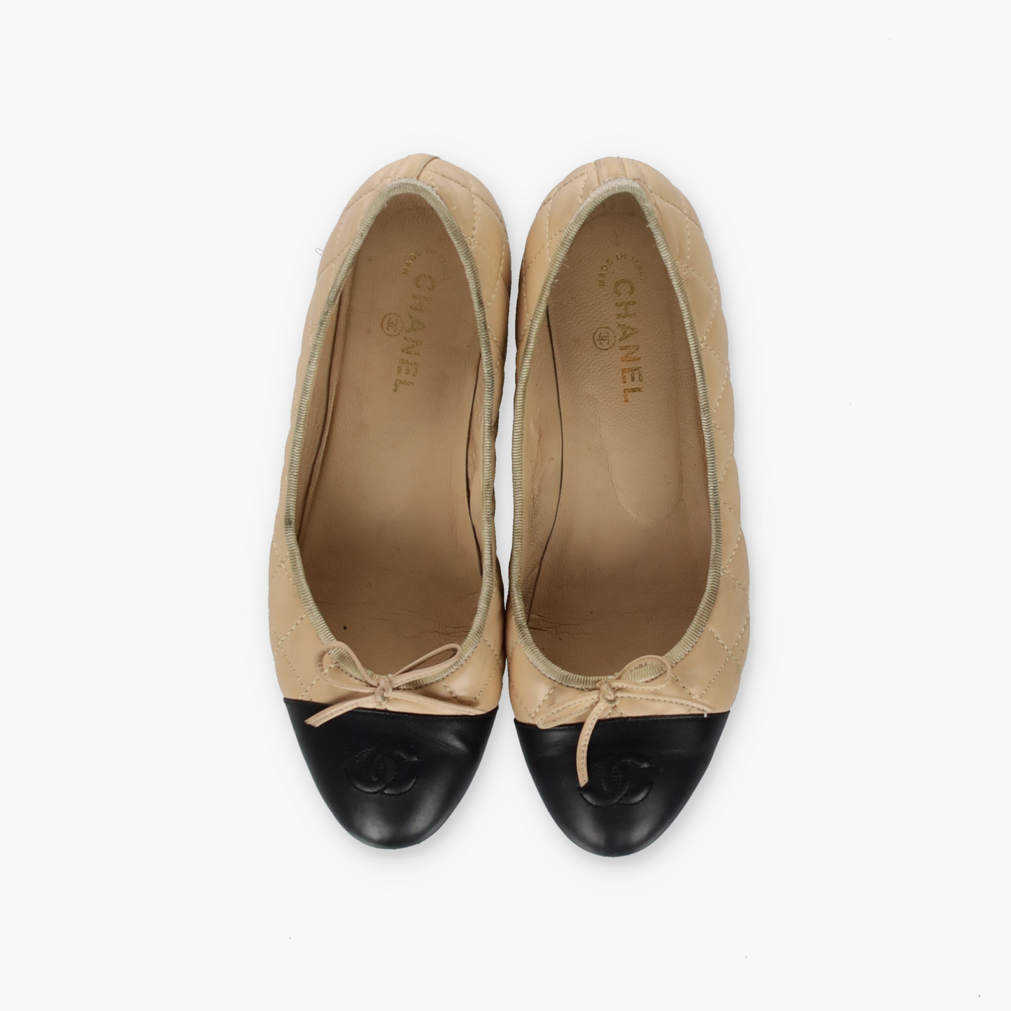 CHANEL 'ITALY Made' Quilted Tan Embroidered Black Cap Bow Ballet Flats (38)