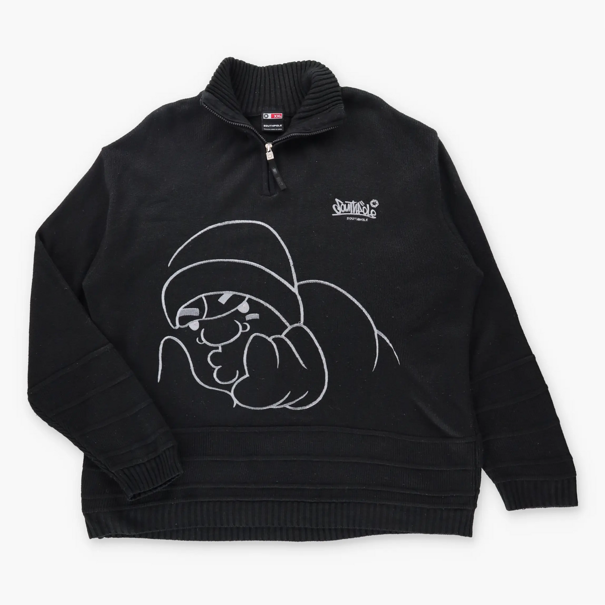 Vintage SOUTHPOLE Embroidered Face 1/4 Zip Y2K Style Black Knit Sweater (XXL) Vintage Sole Melbourne