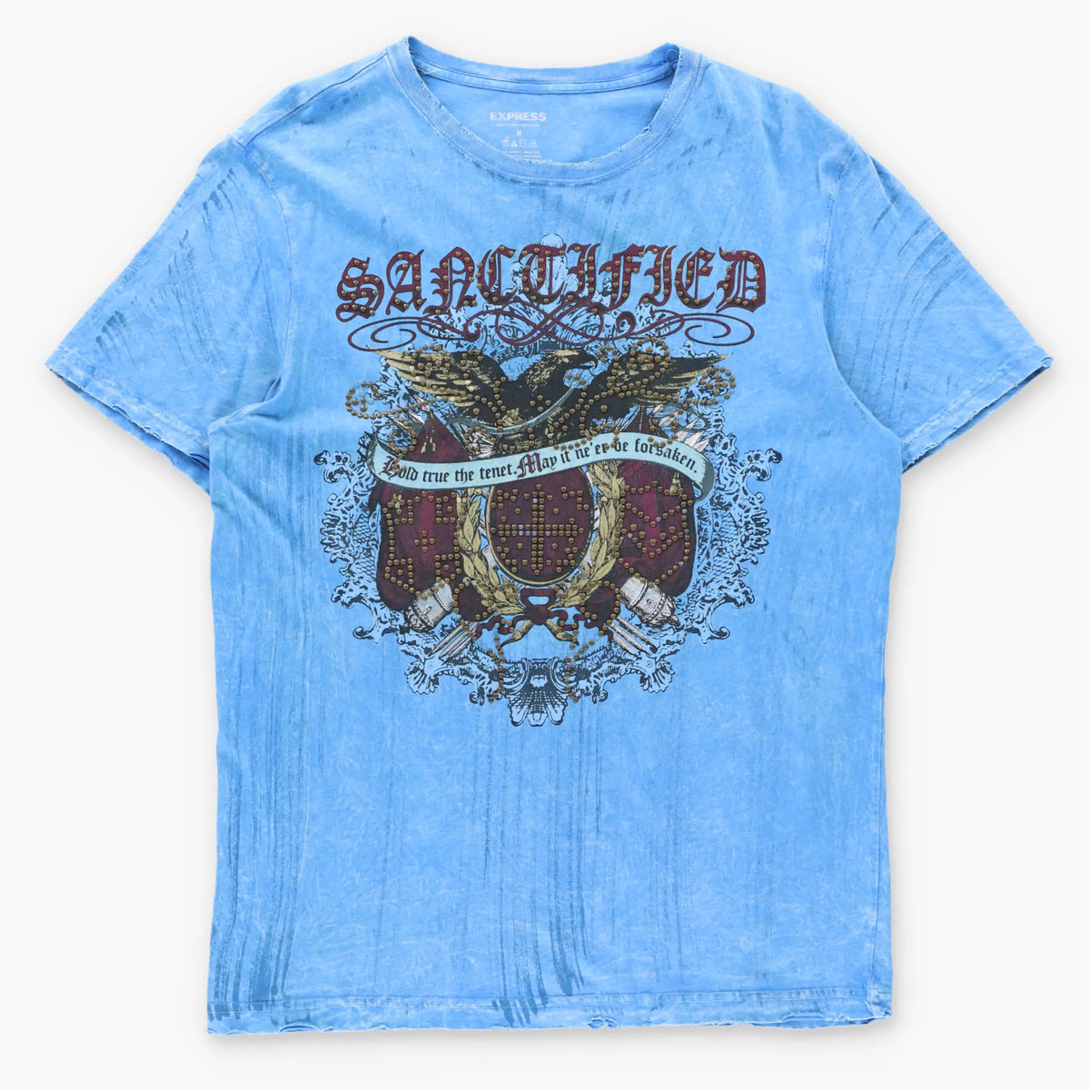 Vintage "SANCTIFIED" Studded Eagle Bright Blue Y2K Style Tee (M-L)