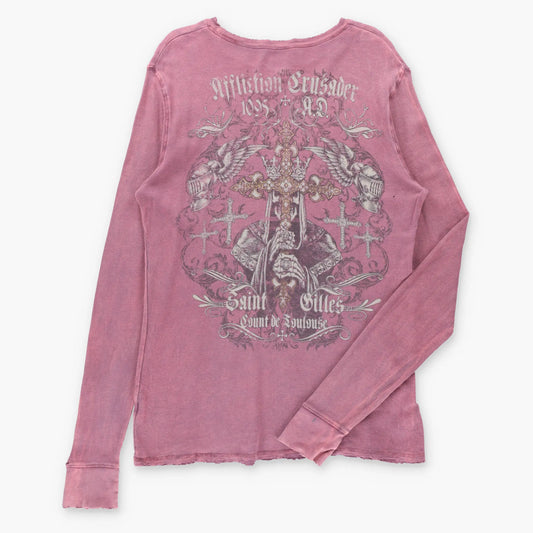 Vintage AFFLICTION Crusader "Saint Gilles Count de Toulouse" Gold Foil Detail Waffle Knit Long Sleeve Tee USA Made (L)