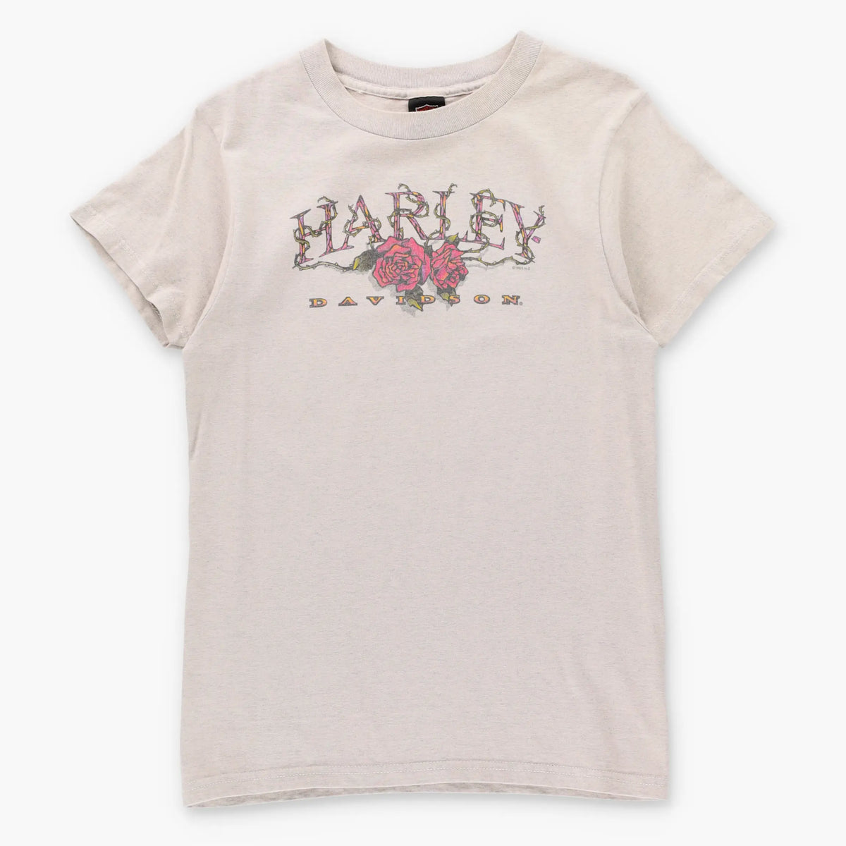 Vintage 1995 HARLEY DAVIDSON Roses & Thorns Riverhead NY Beige USA Made Tee (Women's M)