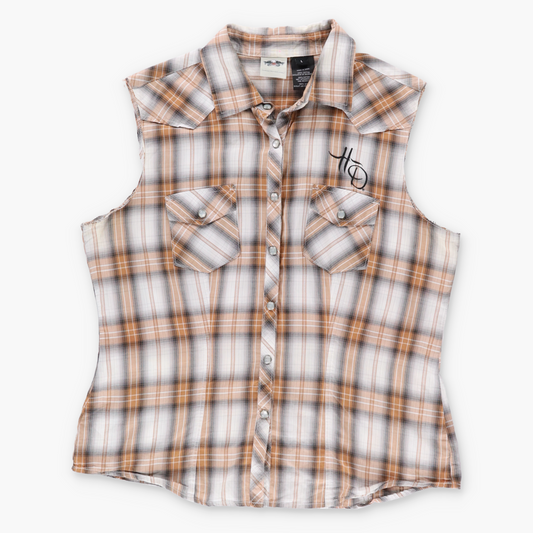 Vintage HARLEY DAVIDSON Embroidered 110th Anniversary Plaid Button Up Vest (M-L) Vintage Sole Melbourne