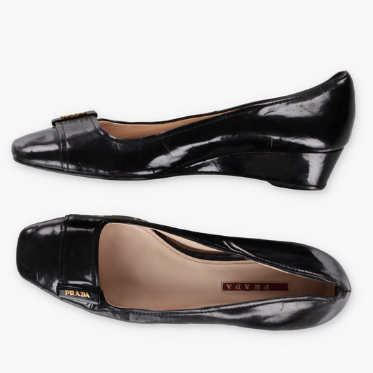 PRADA Black Patent Leather Low Wedges Loafer (40)