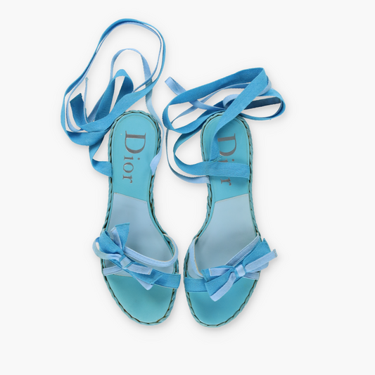 DIOR Cloth Strappy Lace-Up Bow Detail Blue Sandals (36.5)
