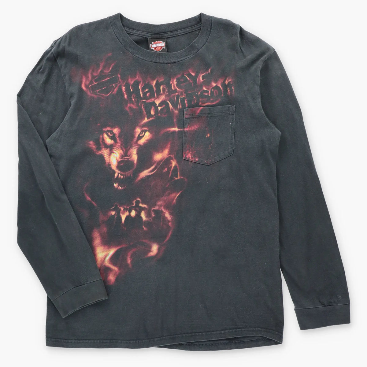 Vintage HARLEY DAVIDSON Horsepower Snarling Wolf & Motorcycles Front Pocket Long Sleeve Tee (L)